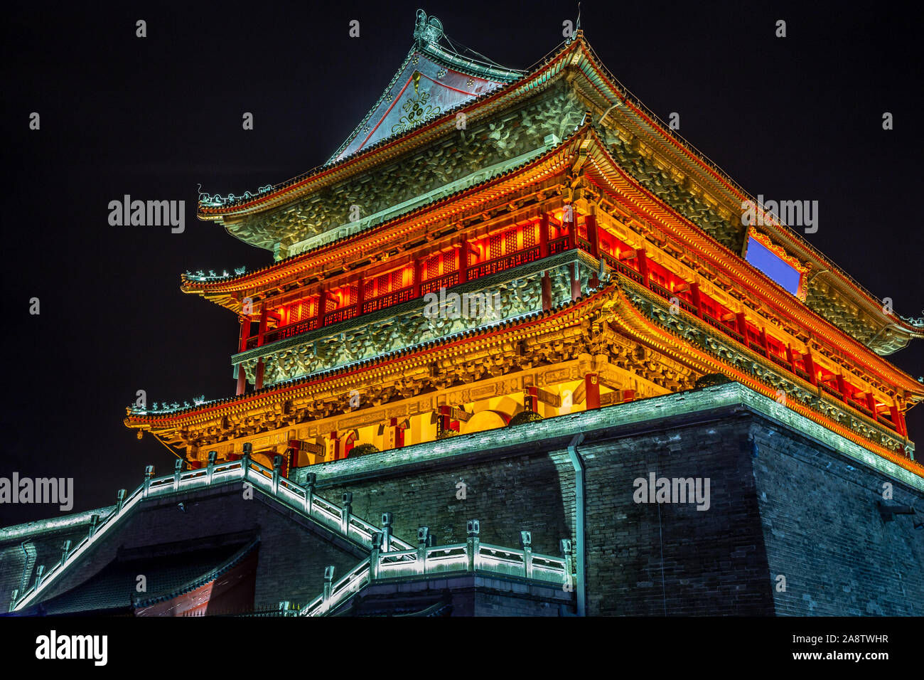 Illuminated Bell Tower temple of Xi'an, night scene, Xian, Shaanxi province, China Stock Photo