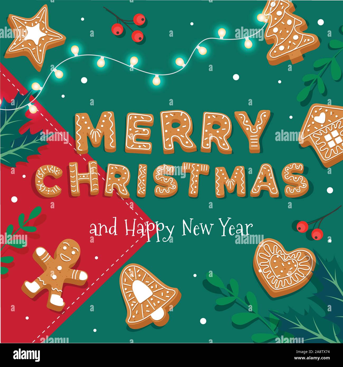 Merry Christmas card template with gingerbread letters and cookies