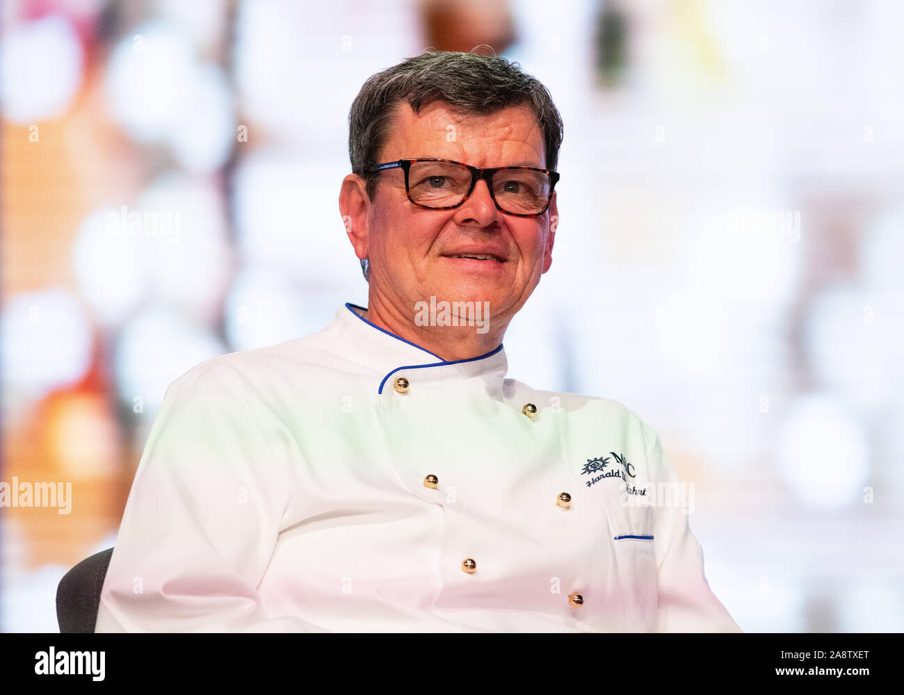 Hamburg, Germany. 09th Nov, 2019. Harald Wohlfahrt, cook, at a press conference before the naming ceremony on board the cruise ship MSC Grandiosa. Credit: Christian Charisius/dpa/Alamy Live News Stock Photo