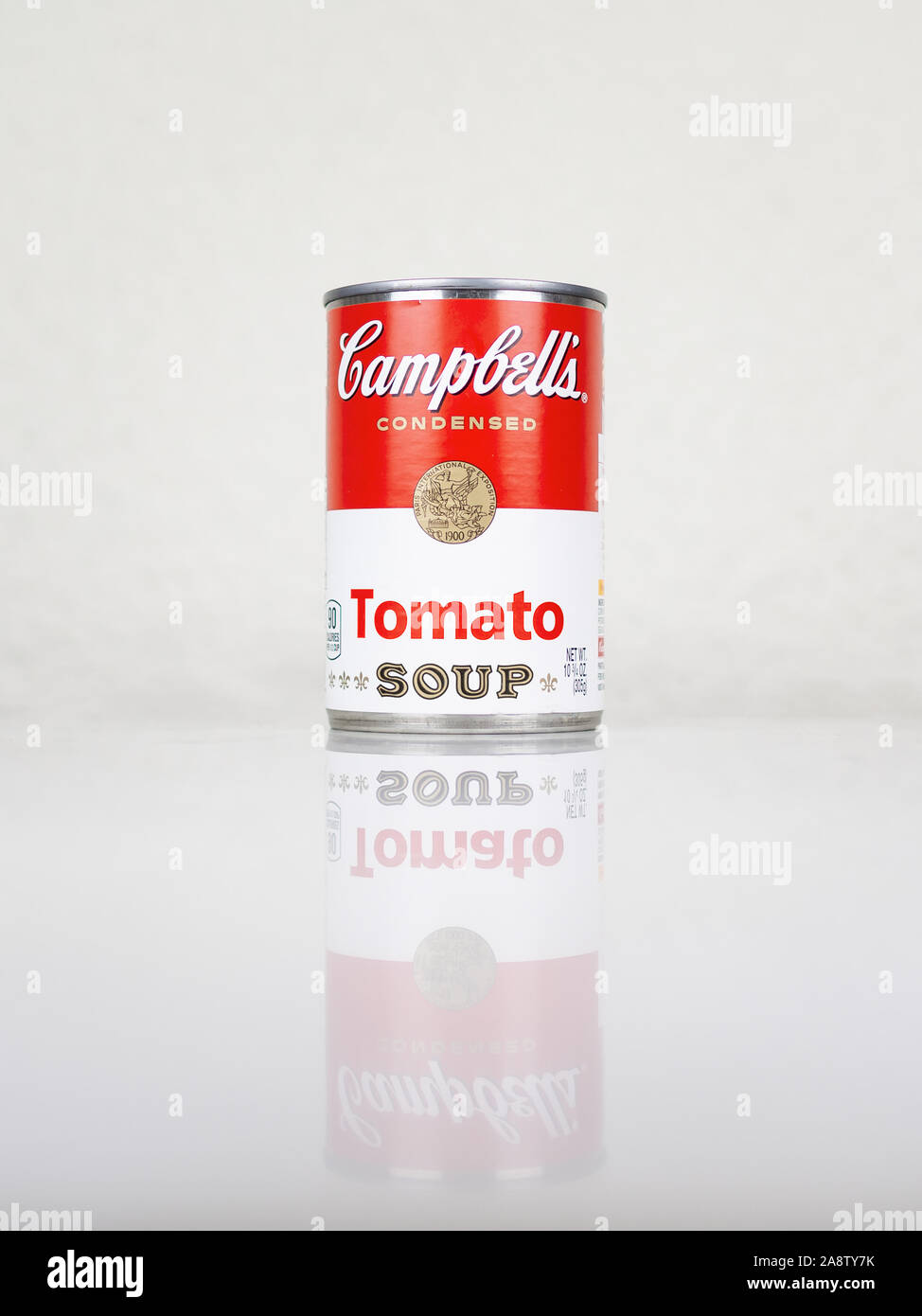 SABADELL, SPAIN-NOVEMBER 11, 2019: Can of Campbell's Tomato Soup, 2019 design, reflection imagine Stock Photo