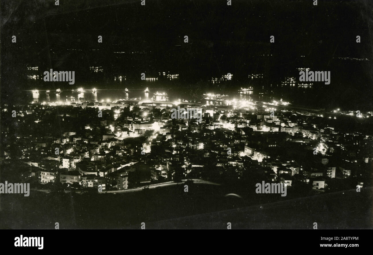 Haifa port by night from Mount Carmel, Palestine 1948 Stock Photo