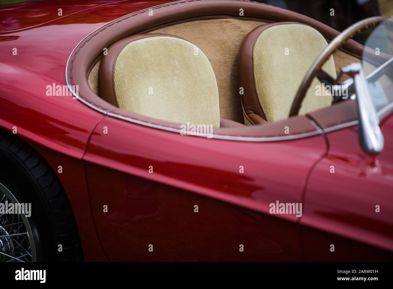 Color detail of the leather seats of a classic vintage convertible car