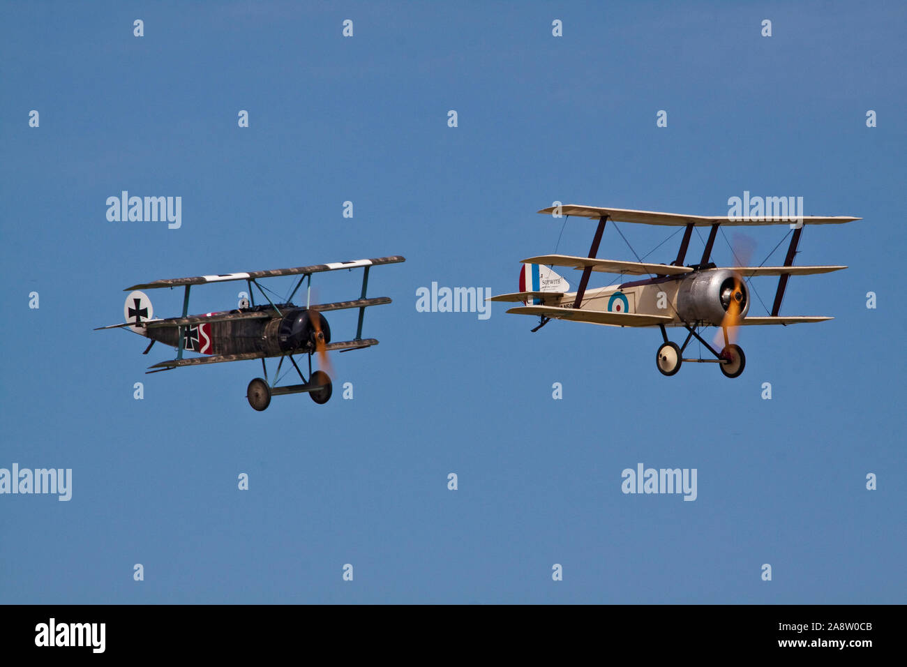 Sopwith Triplane and Fokker DR1 Triplane together in flight Stock Photo