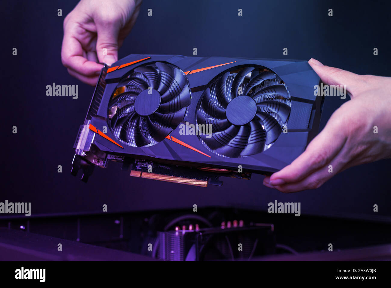 Mounting a modern graphic card to gaming computer. High performance