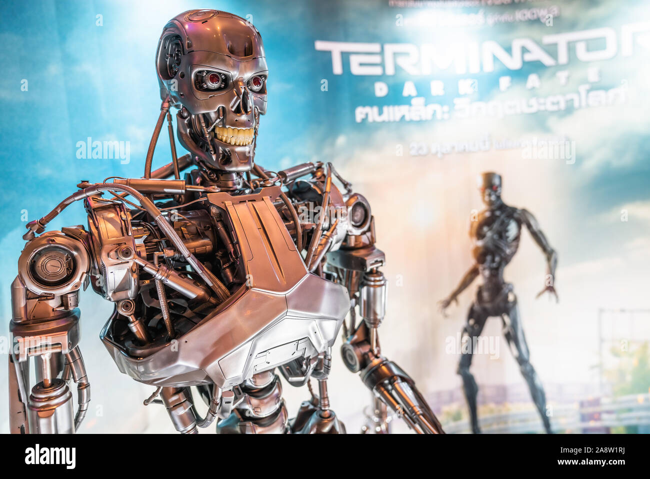 Bangkok, Thailand - Oct 25, 2019: Terminator dark Fate movie advertisement backdrop booth with T-800 robot machine model statue showing at cinema Stock Photo