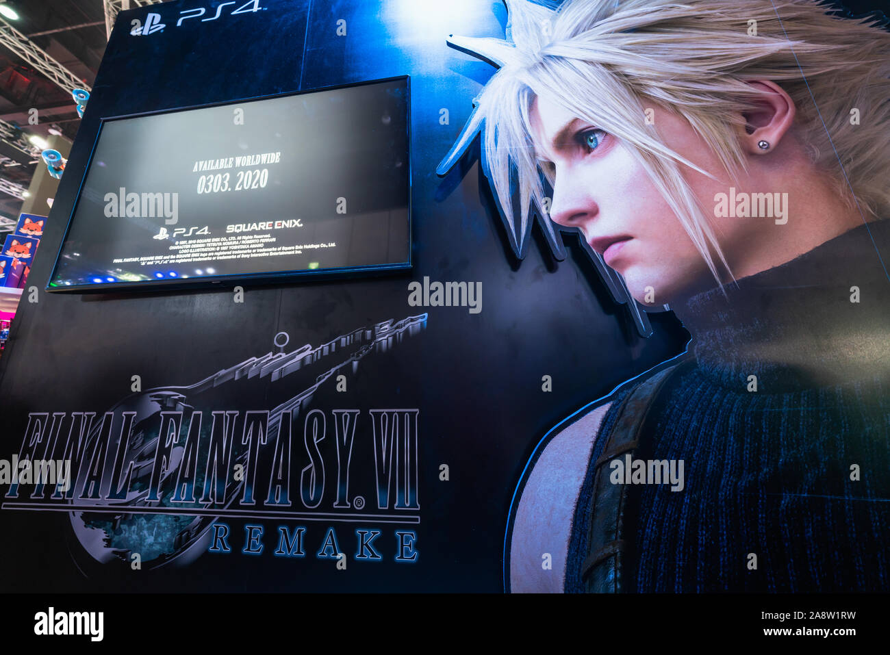 Bangkok, Thailand - Oct 25, 2019: Final Fantasy VII Remake advertisement backdrop with gameplay demo screen, shows in Thailand Game Show event Stock Photo