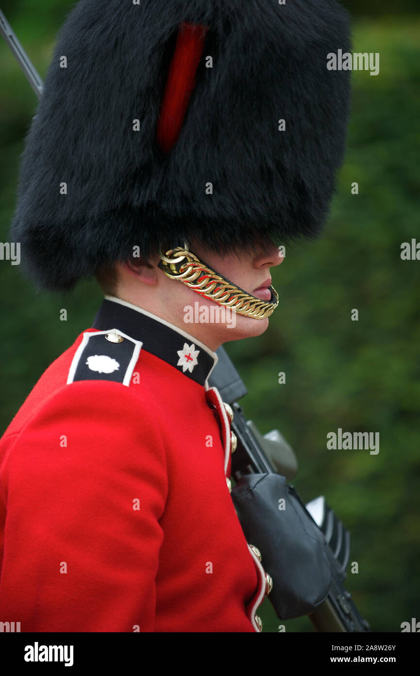 LONDON - MAY 6, 2012: A royal guard stands in traditional red jacket and busby hat, which is made with fur from the Canadian brown bear Stock Photo