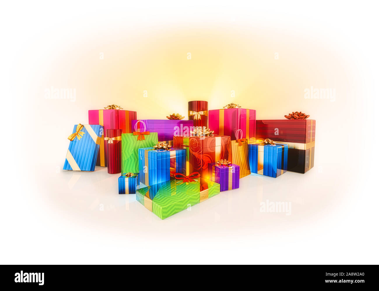 Set of colorful gift boxes with gold bows and ribbons before soft glow. Isolated on the white background. 3D render illustration. Stock Photo