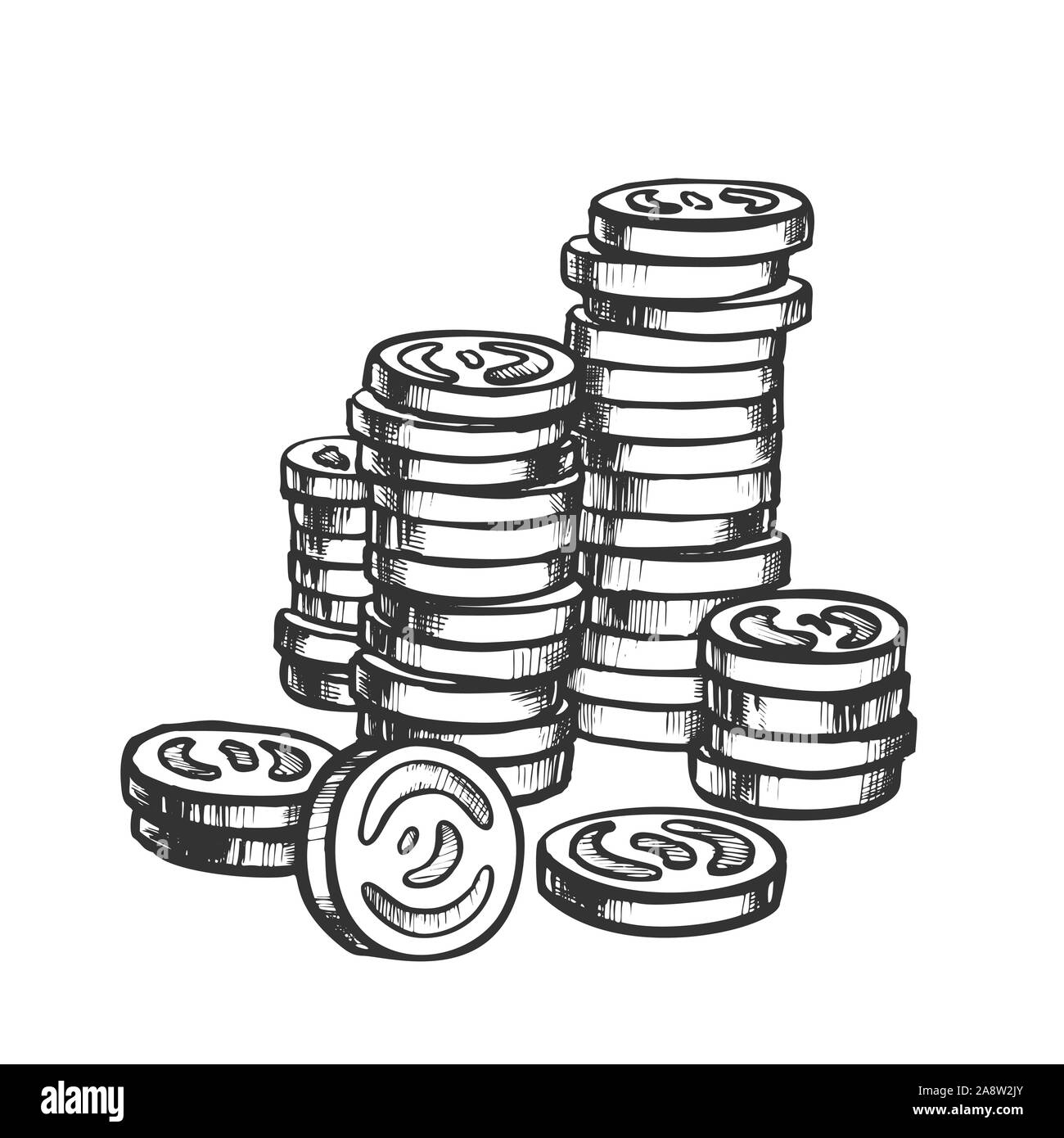 Coins Pile Stacked, Metal Money Monochrome Vector Stock Vector Image ...