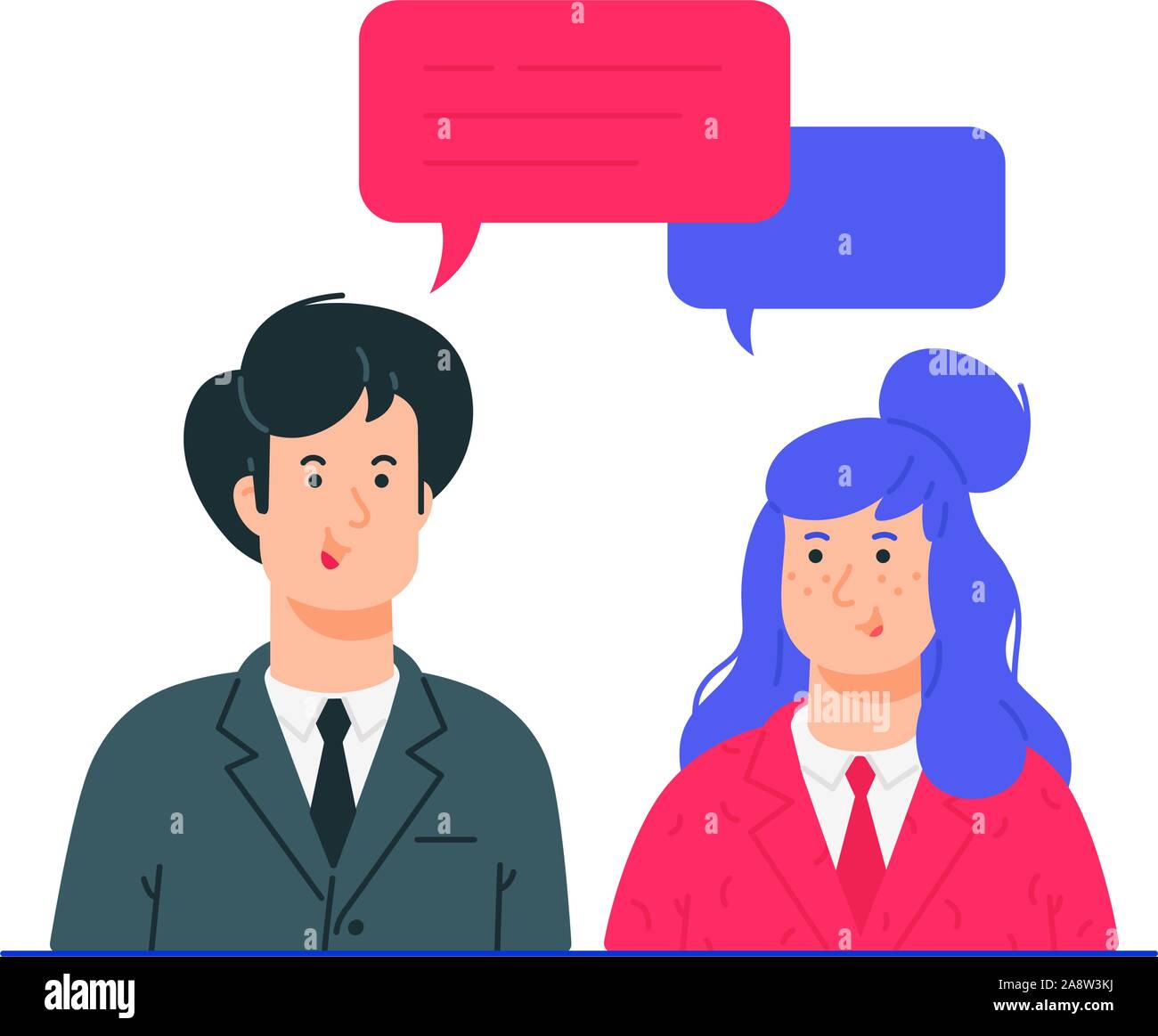 Illustrations of man and woman in business suits. Vector. The couple communicates on the Internet or live. Chatting with a partner. Avatars of a girl Stock Vector