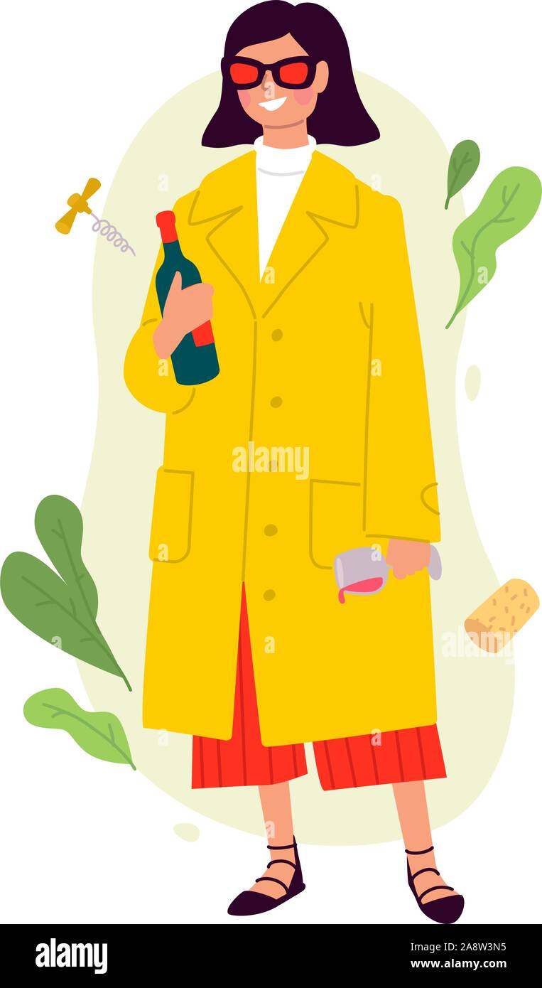 Illustrations of a girl with a glass of wine and a bottle in a yellow cloak. Vector. The woman celebrated the holiday. Having fun all night on the fly Stock Vector