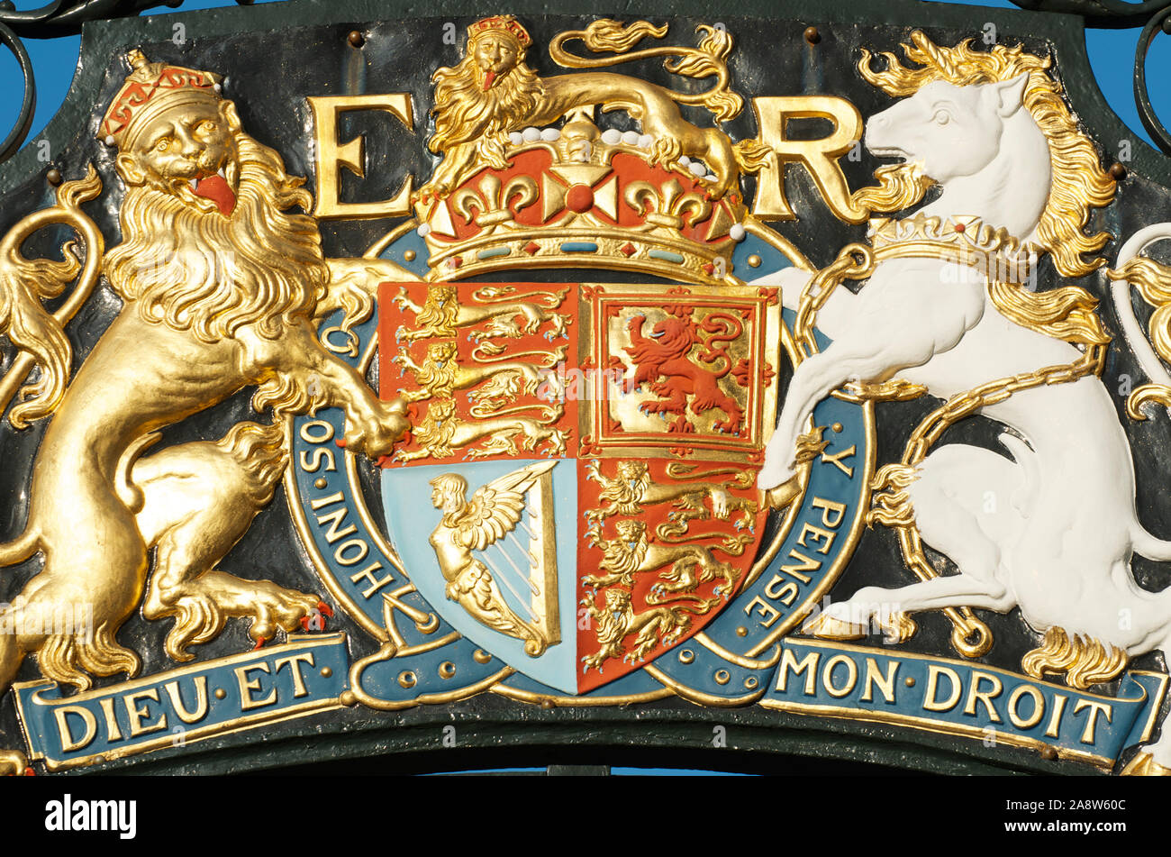 Ornate full frame closeup of coat of arms of United Kingdom with