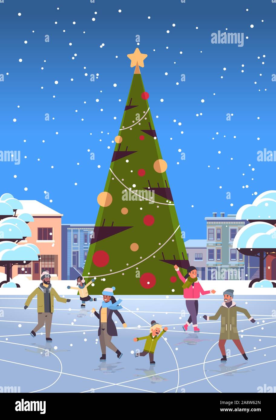 mix race people at iceskating outdoor rink merry christmas new year