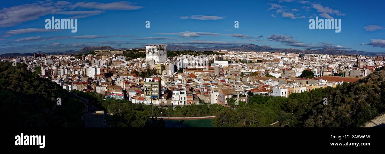 A panoramic image of the view from Santa Barbara Castle, Alicante looking inland towards the Alta Zona. Stock Photo