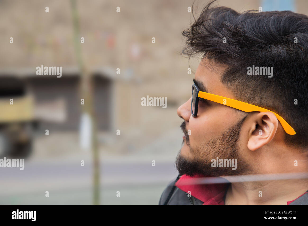 young Man standing and Looking over a Valley with the Indus and Zanskar ...