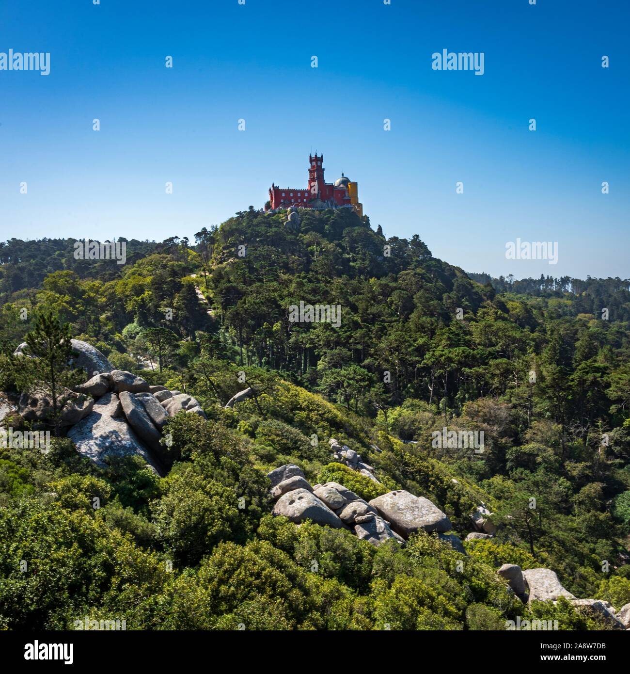 Sintra Palacio da Pena, view of the colorful landmark palace, the Palacio  da Pena sited on a hill to the south of Sintra, Portugal Stock Photo - Alamy