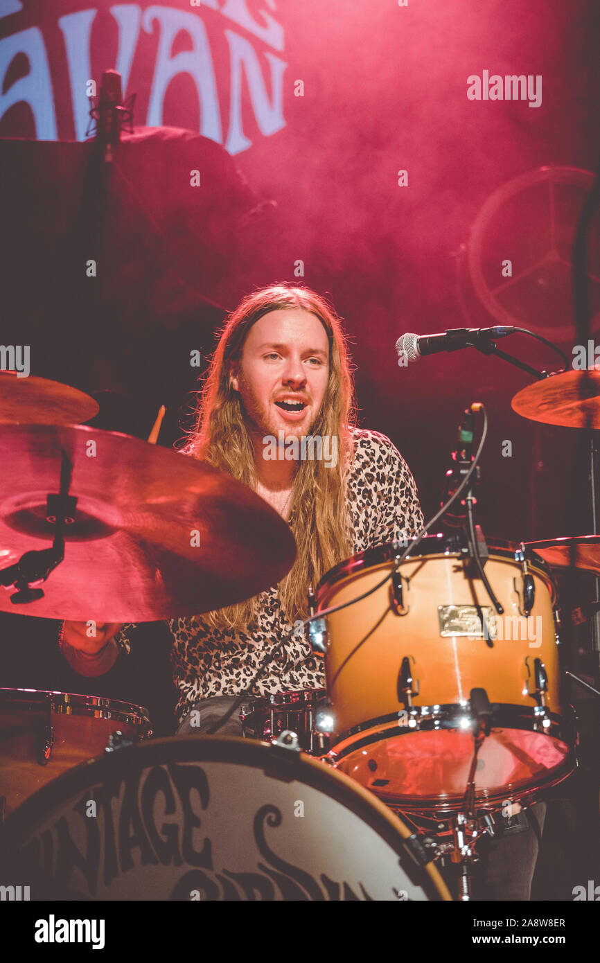 Zurich, Switzerland. 10th Nov, 2019. The Icelandic rock band The Vintage Caravan performs a live