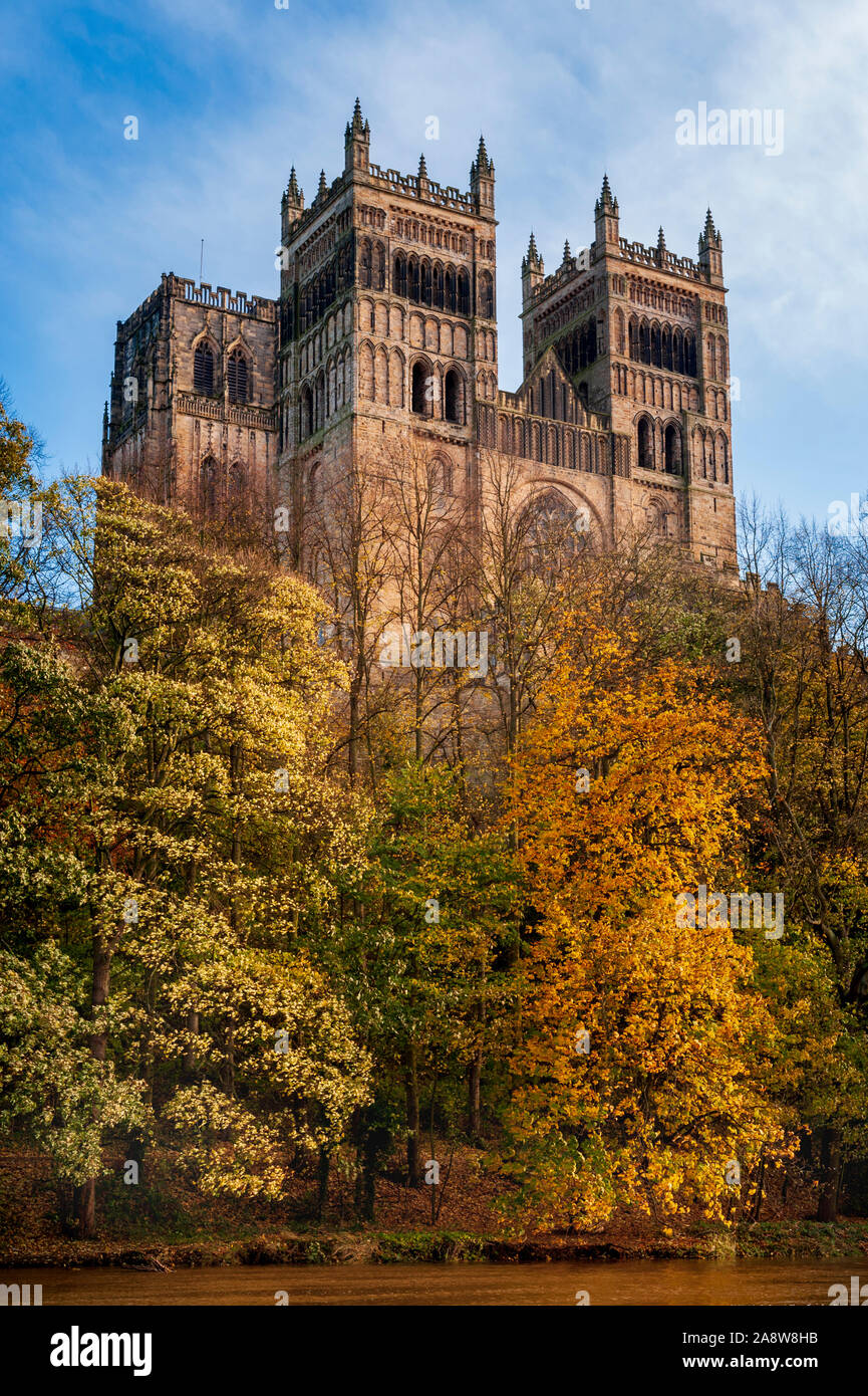 Autumn / fall colour on the trees below Durham Cathedral Stock Photo