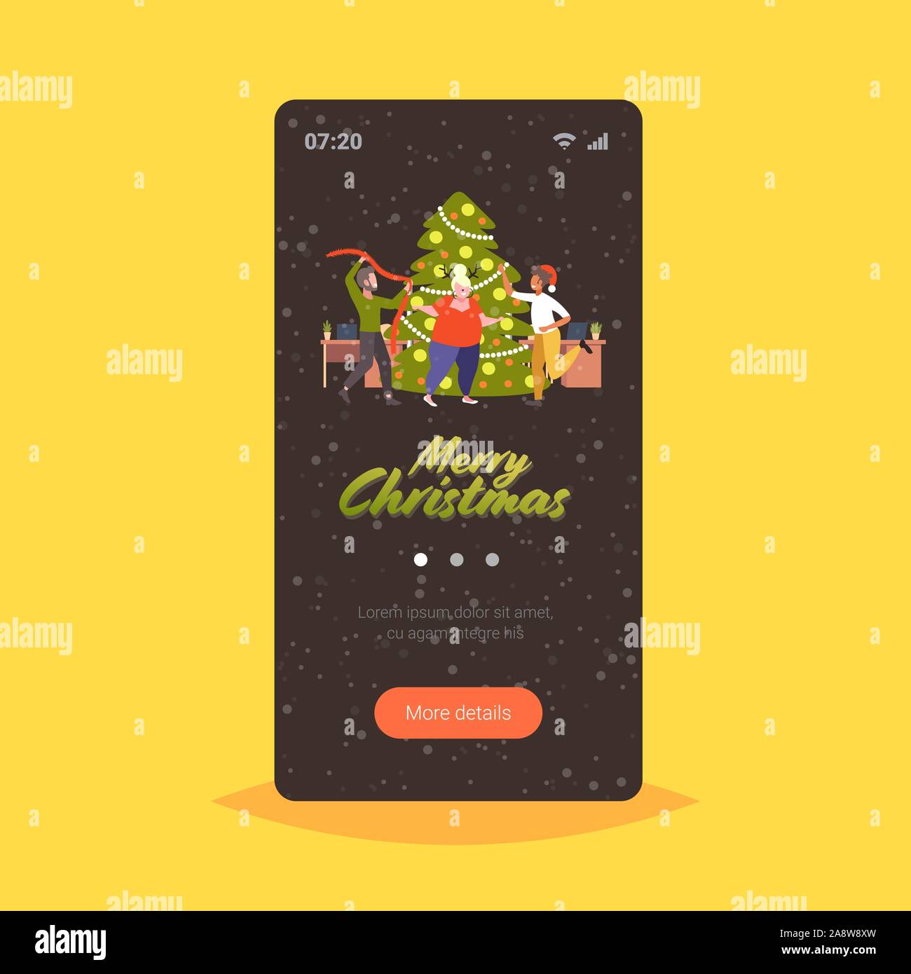 people dancing near christmas tree merry xmas happy new year holiday celebration concept office workers having fun corporate party smartphone screen online mobile app full length vector illustration Stock Vector