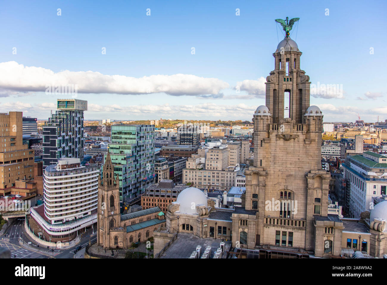 Liverpool, UK - October 30 2019: High aerial view of the Royal Liver Building and Liverpool City skyline Stock Photo