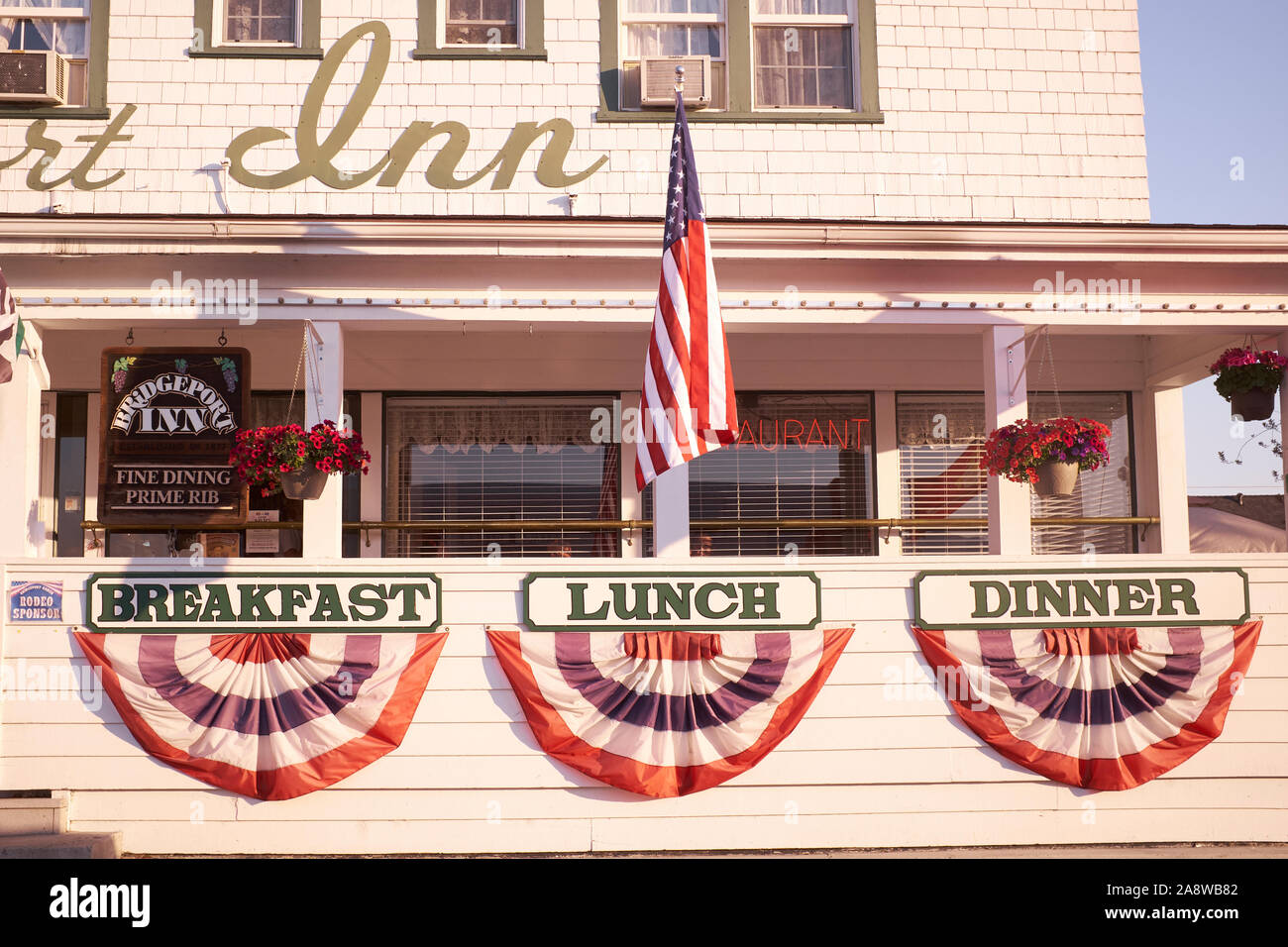 Breakfast, Luch, Dinner in the town of Bridgeport, California, prepares for the 4th of July celebrations. Stock Photo