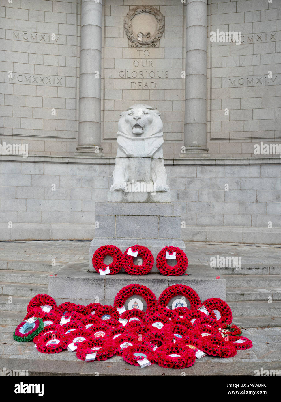 Aberdeen, Scotland - 10th Nov 2019: Poppy Wreaths laid at  the Schoolhill War Memorial in Aberdeen during the annual Remembrance Day ceremony. Stock Photo