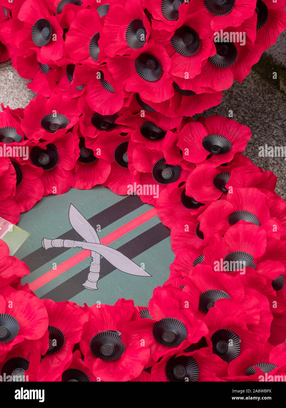 Aberdeen, Scotland - 10th Nov 2019: Gurkha Poppy Wreath laid at  the Schoolhill War Memorial in Aberdeen during the annual Remembrance Day ceremony. Stock Photo