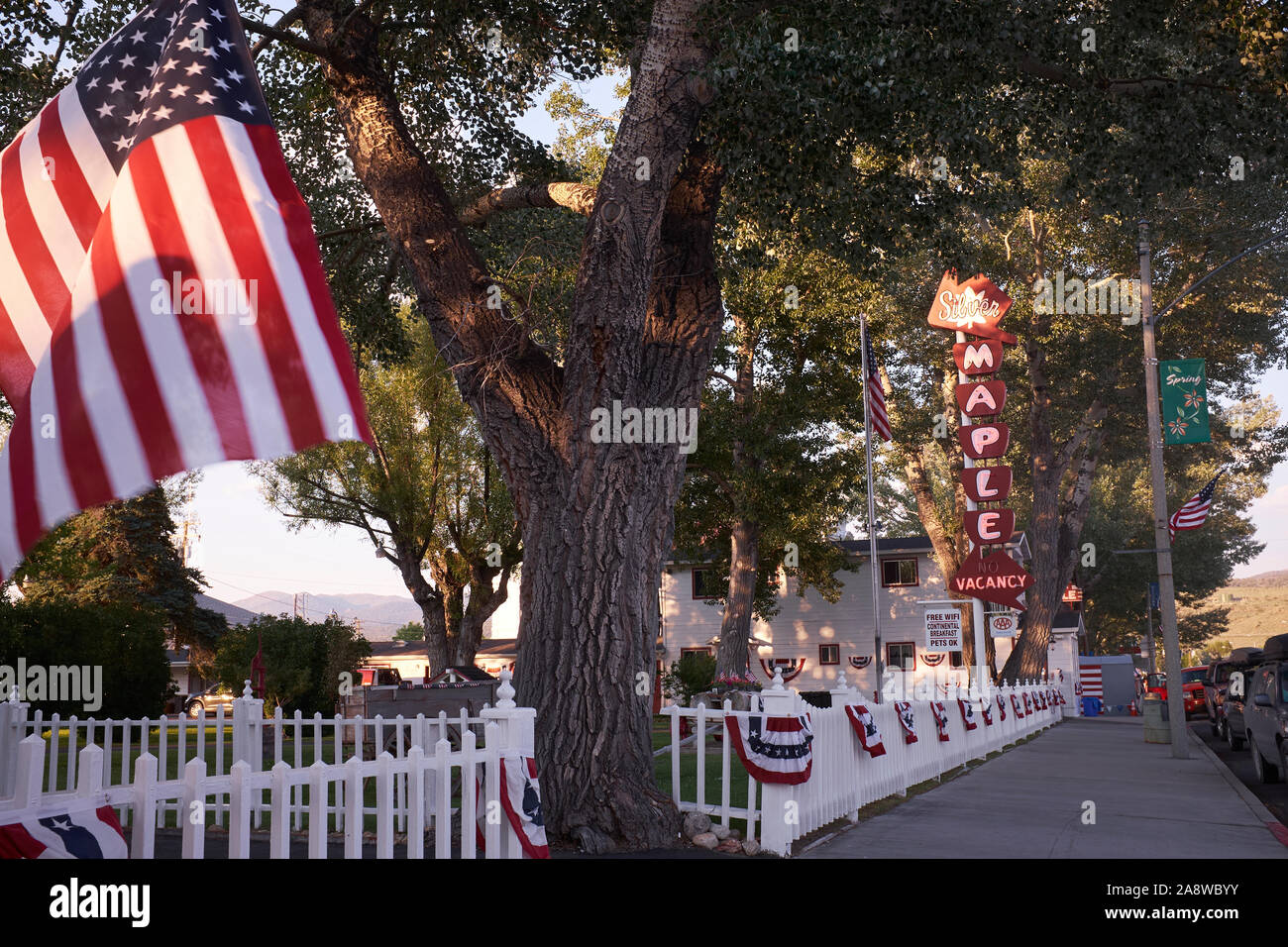 Stars and Stripes in the town of Bridgeport, California, prepares for
