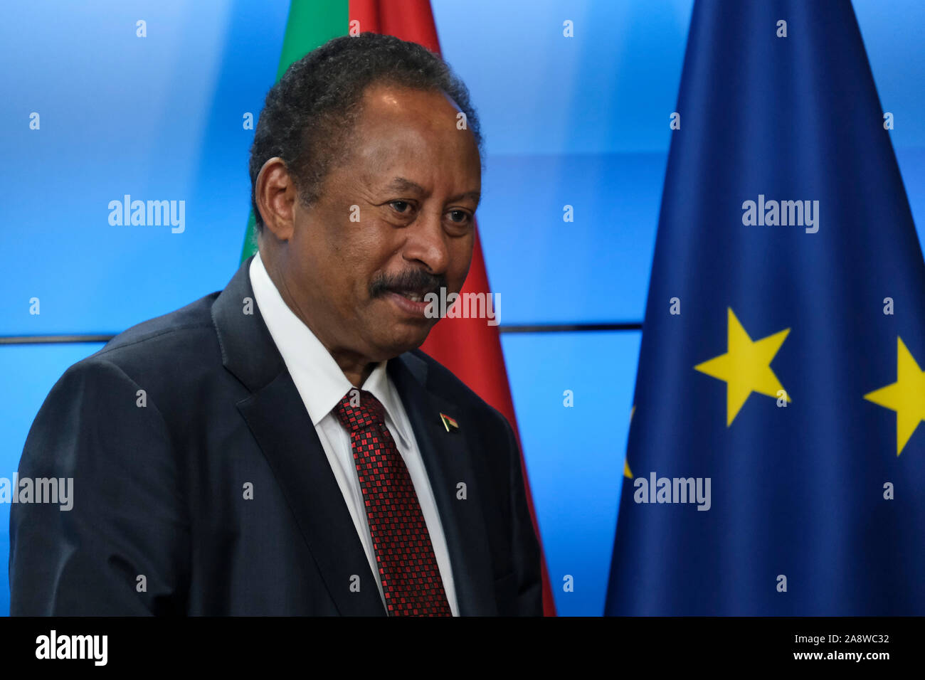 Brussels, Belgium. 11th November 2019. European Union for Foreign Affairs and Security Policy Federica Mogherini welcomes the Prime Minister of Sudan Abdalla Hambok prior to their bilateral meeting at the EU headquarters. Credit: ALEXANDROS MICHAILIDIS/Alamy Live News Stock Photo