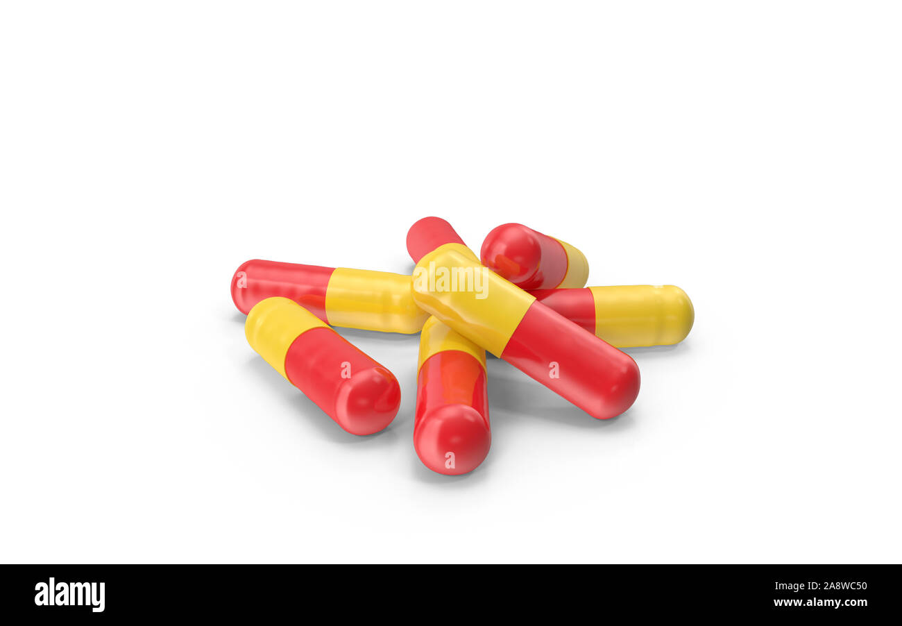 3D Pills Spilled against white background with real drop shadow to