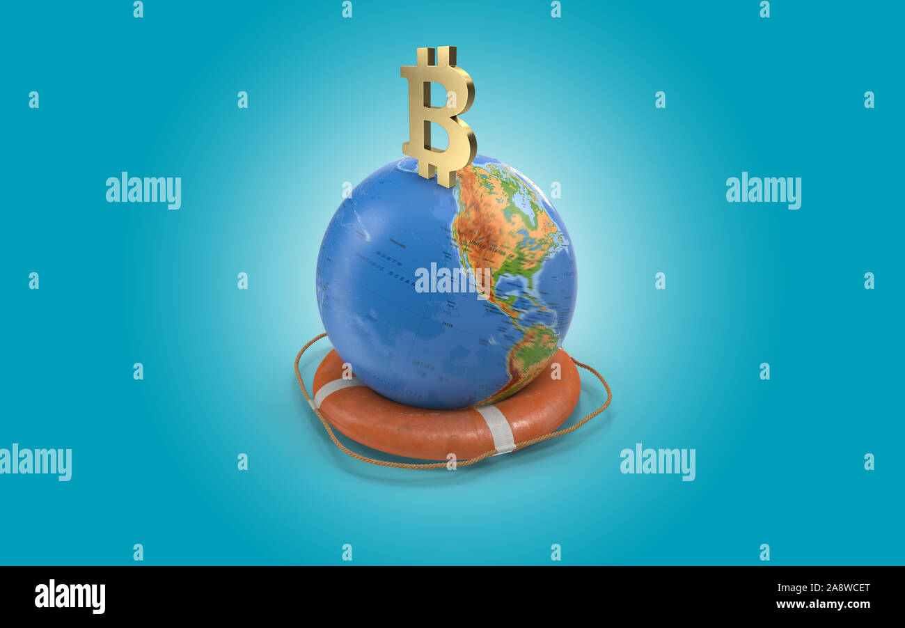Bitcoin Symbol on planet earth with life vest to symbolize business world  needs help. High resolution image with copy space for all your crop needs.  3 Stock Photo - Alamy