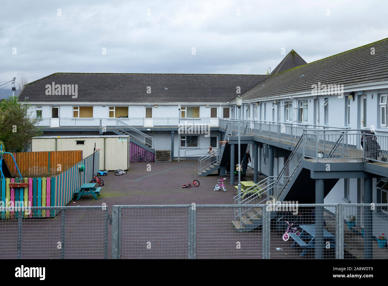 Atlas House Direct Provision Centre, the backyard play area of the Atlas House Killarney as accommodation centre for asylum seekers in Ireland. Stock Photo