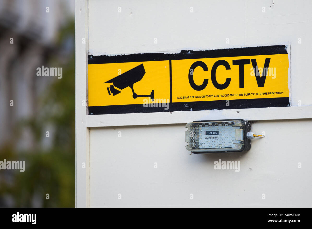 London, UK. 10 November, 2019. A sign indicating the presence of CCTV cameras is displayed in Whitehall during the Remembrance Sunday commemorations. Stock Photo