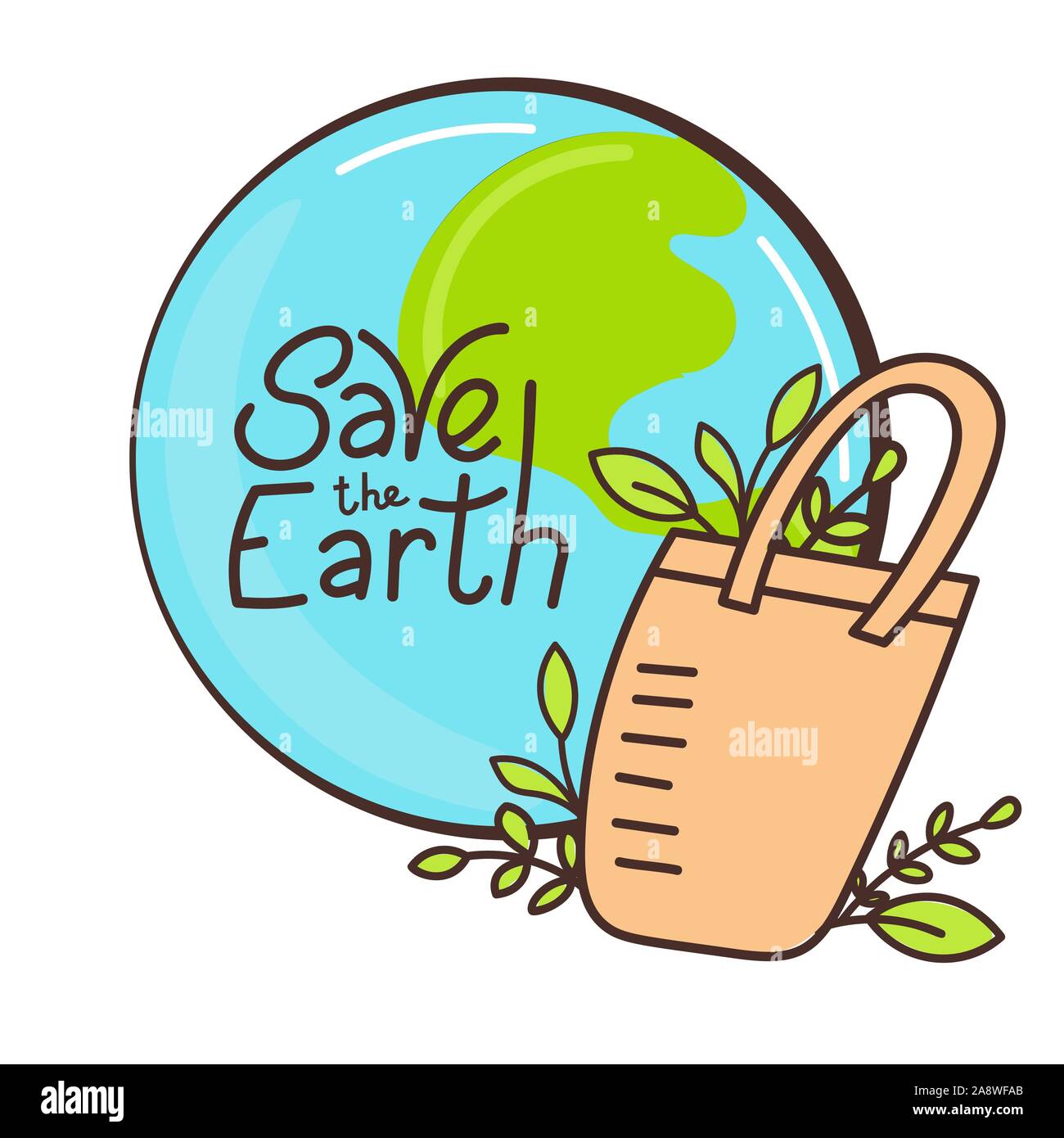Eco bag hand drawn doodles style. Eco style. No plastic. Zero waste concept illustration. Save the Earth motivating phrase Stock Vector