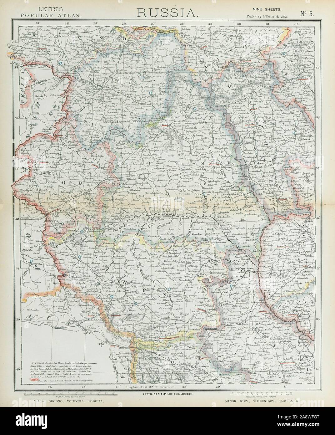 EAST EUROPE Vilnius Belarus Lithuania Grodno Podolia Minsk Kiev LETTS 1883 map Stock Photo