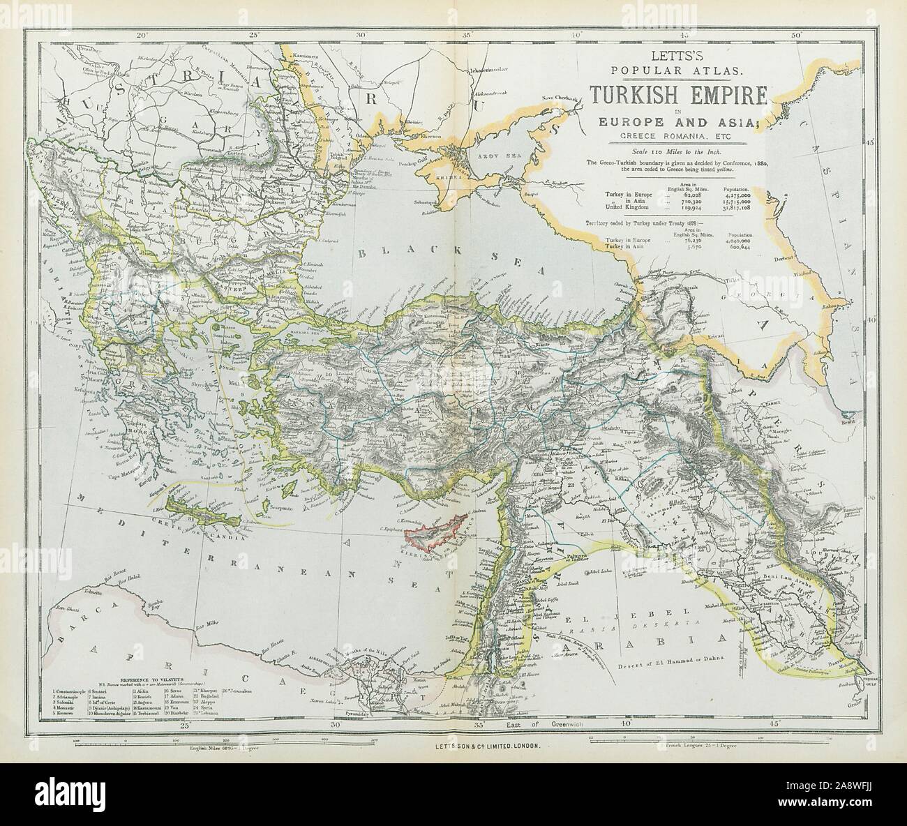 Letts of the turkish empire hi res - Turkish Ottoman Empire In Europe Asia Greece Balkans Turkey Letts 1883 Map 2A8WFJJ