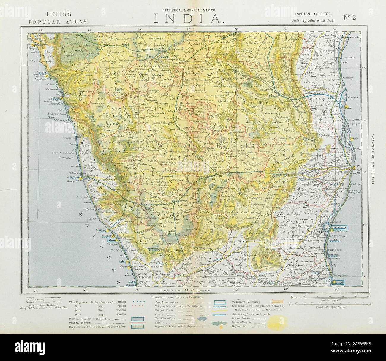 BRITISH INDIA SOUTH. Mysore Carnatic Madras. Tea plantations. LETTS 1883 map Stock Photo