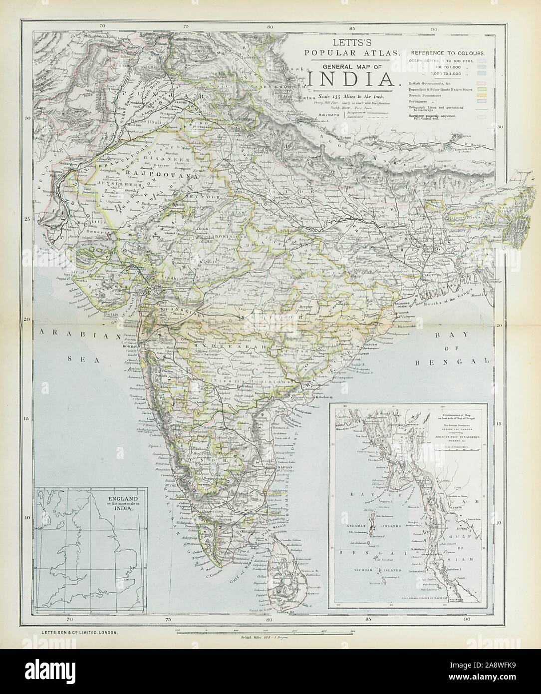 BRITISH INDIA French Portuguese Native states Railways telegraphs LETTS 1883 map Stock Photo