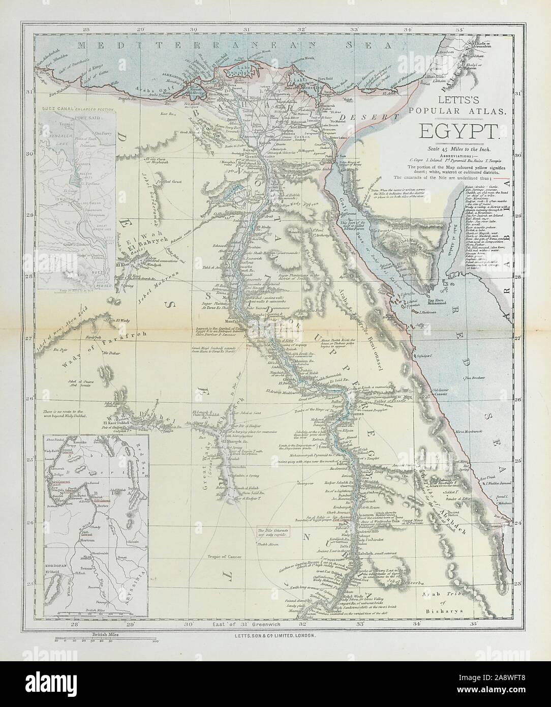 EGYPT. Nile valley. Suez Canal. Red Sea. 'Sherm'/Sharm el-Sheikh. LETTS 1883 map Stock Photo