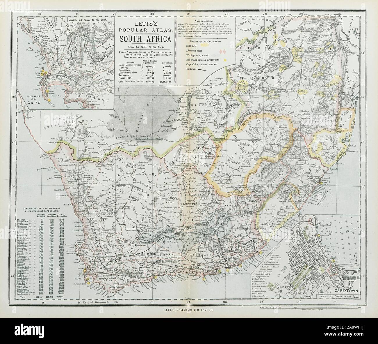 SOUTH AFRICA & CAPE TOWN CITY PLAN Cape Colony Orange Free State. 1883 map Stock Photo Alamy