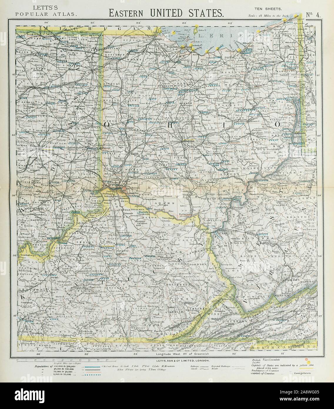 APPALACHIA. Ohio & parts of Kentucky Virginia Indiana. Railroads. LETTS 1883 map Stock Photo