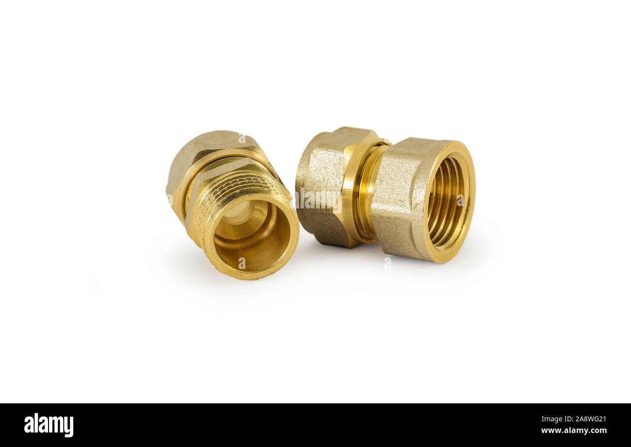 Brass fittings for connecting metalplastic pipes isolated on white Stock Photo Alamy