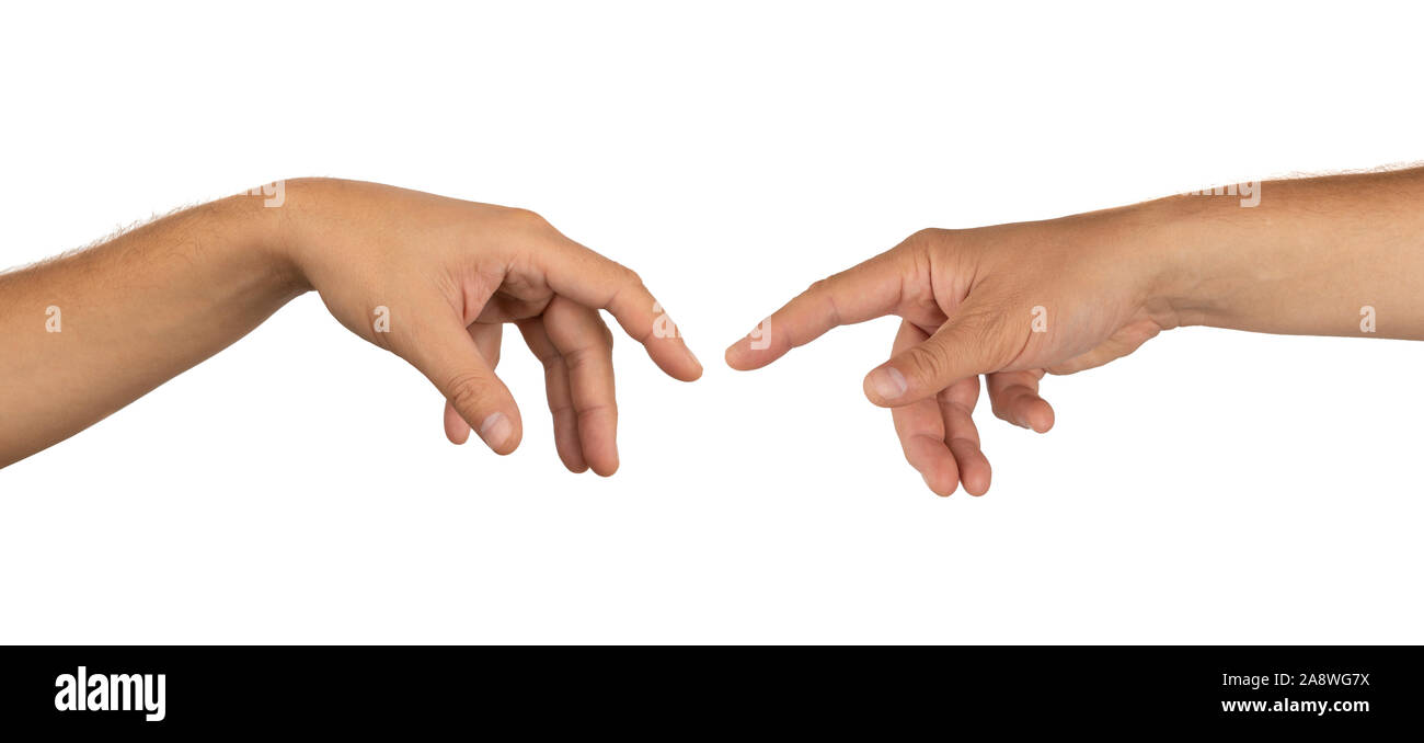 Human hands pulling one to another isolated on white, high resolution. Creation of life style Stock Photo