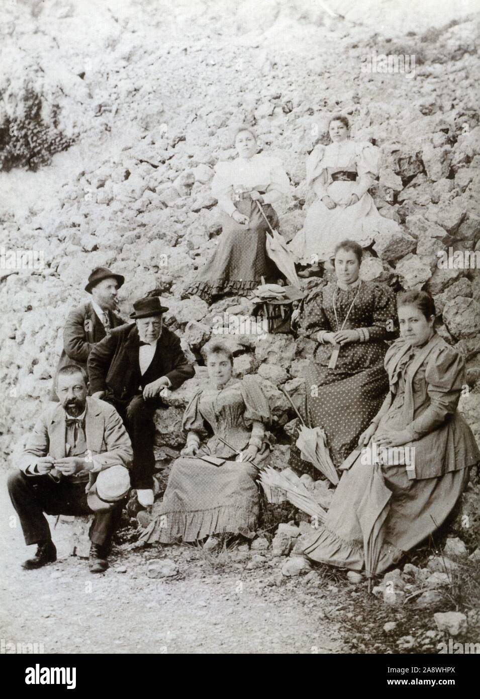Antoni Gaudí with his family and Dr. Santaló in Montserrat, Barcelona, 1897. Stock Photo
