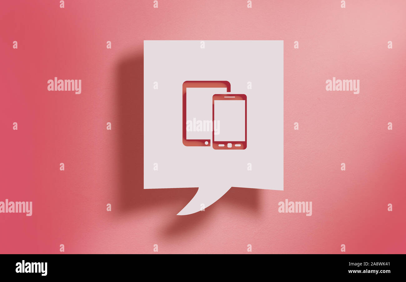 Cut Out Smart Phone And Digital Tablet Symbol Currency In A Square Shape Speech Bubble On Living Coral Color Background Realistic 3d Lighting And Hi Stock Photo Alamy