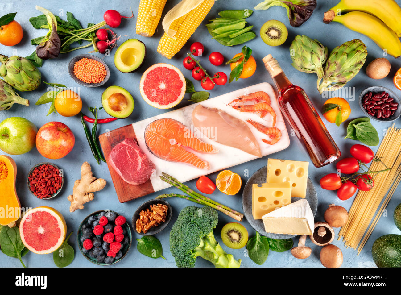 Food, overhead photo of many different products, with meat, fish