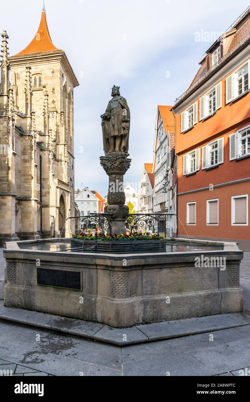 Germany, Beautiful waterspout fountain called church fountain, kirchbrunnen next to church of st mary, marienkirche in downtown marketplace Stock Photo