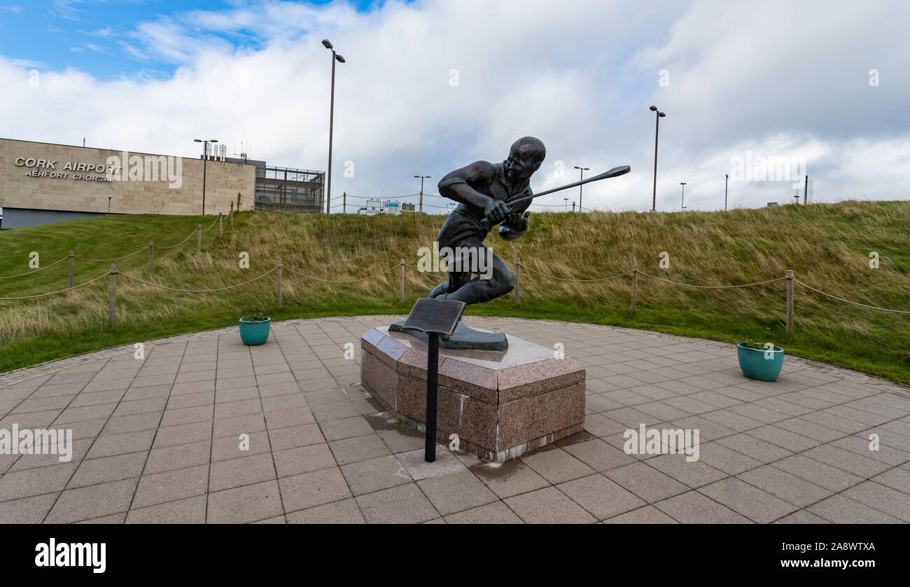Cork Airport, Ireland - 25th September 2019: Statue of famous Irish Hurler Christy Ring at the exterior of Cork International Airport Stock Photo