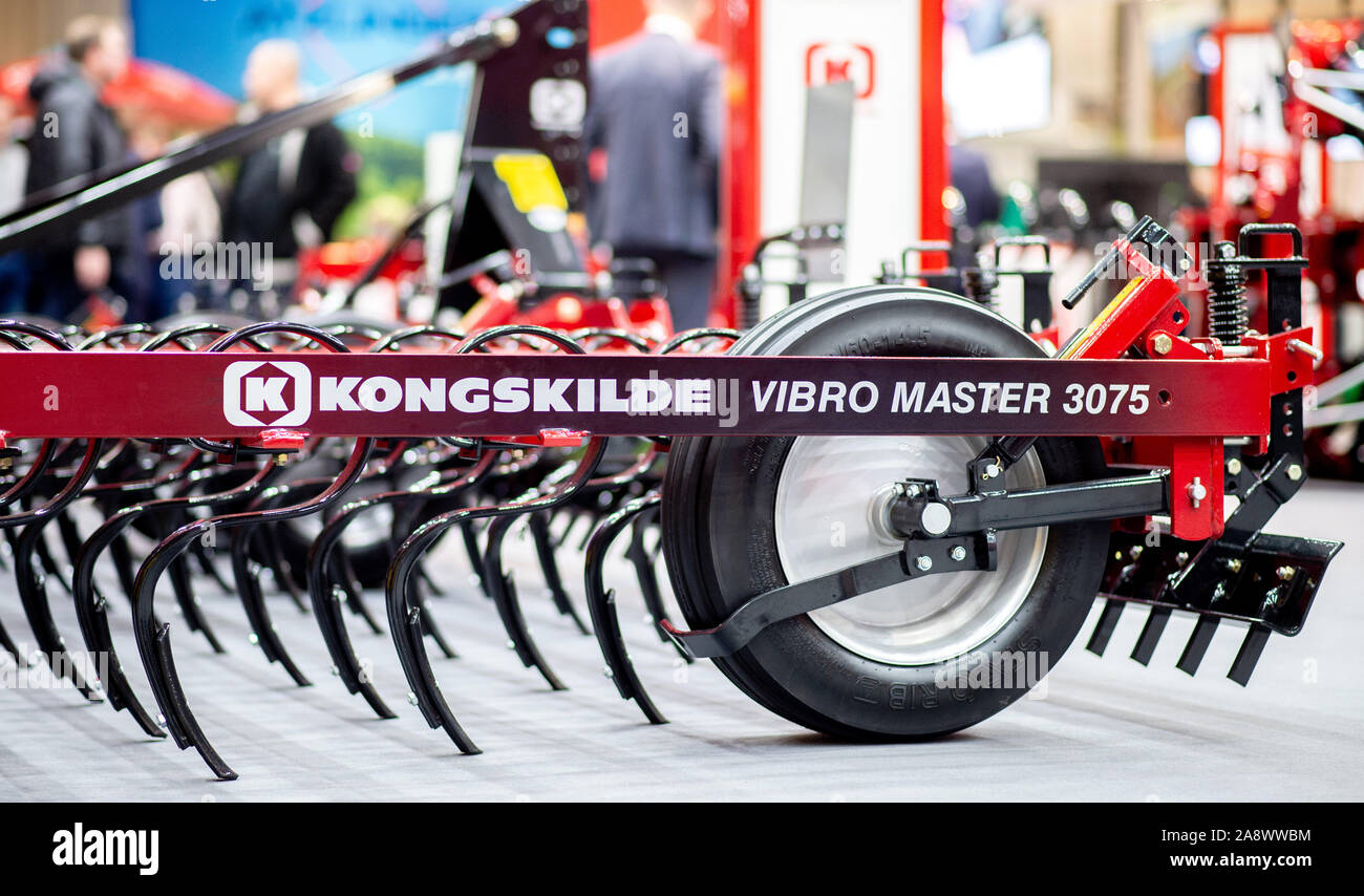 Hanover, Germany. 11th Nov, 2019. A spring tine cultivator type 'Vibro Master 3075' will be exhibited at the stand of the Danish company Kongskilde at the Agritechnica agricultural machinery fair in Hanover. Around 2,800 exhibitors will be presenting their latest products at the international exhibition for agricultural machinery from 10 to 16 November. Credit: Hauke-Christian Dittrich/dpa/Alamy Live News Stock Photo