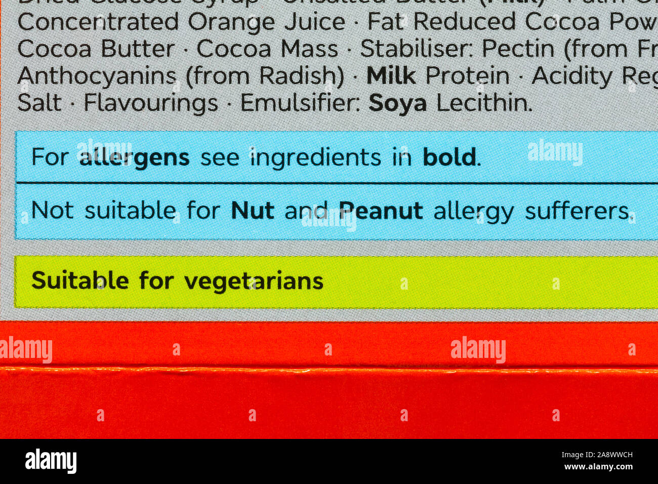 Suitable for vegetarians, not suitable for nut and peanut allergy sufferers, for allergens see ingredients in bold - information on food packaging Stock Photo